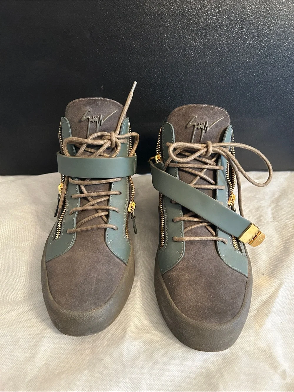 Giuseppe Zanotti Brown and Olive High-Top Sneakers with Gold Hardware